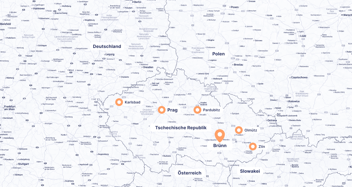 Eine grafische Karte, die die globale Reichweite und Kunden von Server Mechanics darstellt. Wir arbeiten mit Kunden aus der Tschechischen Republik, Deutschland, Österreich und dem Vereinigten Königreich.