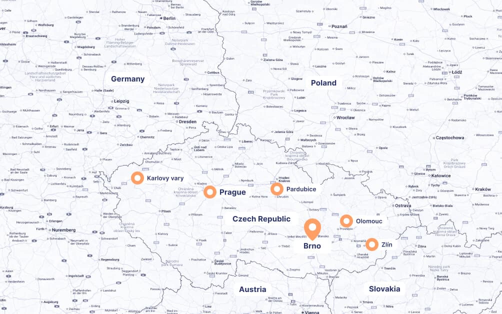 A graphical map illustrating the global reach and customers of Server Mechanics. We have been working for customers from the Czech Republic, Germany, Austria or the United Kingdom.